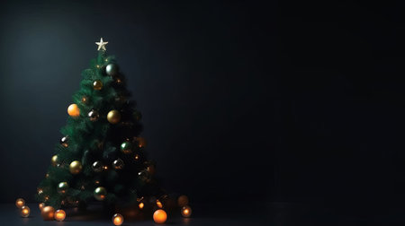 Christmas tree with gold ornaments on black background with copy spaceの写真素材