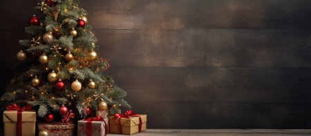 Christmas tree with presents and decorations on a wooden background. Copy space.の写真素材