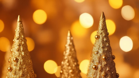 Golden Christmas tree decorations on golden bokeh background with copy spaceの写真素材