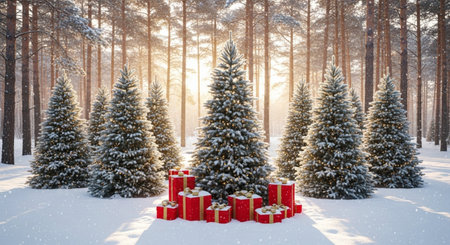Christmas background with fir trees covered with snow and gift boxes in winter forestの写真素材