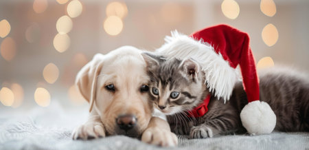 Cute puppy and kitten in santa hat on bokeh backgroundの写真素材