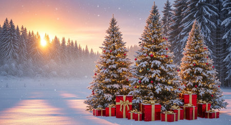 Winter landscape with Christmas trees and gifts in the snow at sunset.の写真素材