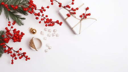 Christmas composition. Gifts, fir branches, red berries on white background. Flat lay, top view, copy spaceの写真素材