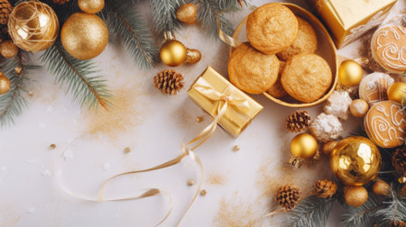 Christmas and New Year holiday background. Festive decoration with fir branches, golden balls, cookies and gift box. Top view, flat layの写真素材