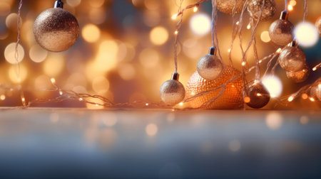 Christmas background with golden baubles on bokeh lights backgroundの写真素材