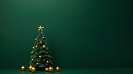 Christmas tree with gold decorations on green wall background. 3d renderの写真素材