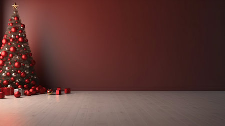 Christmas tree with presents in the red room. 3D rendering.の写真素材