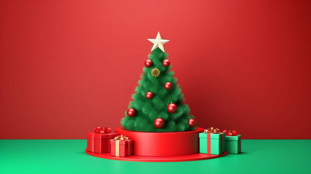 Christmas tree and gifts on a red background. 3D rendering.の写真素材