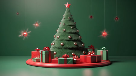 Christmas tree and gift boxes on green background. 3D rendering.の写真素材