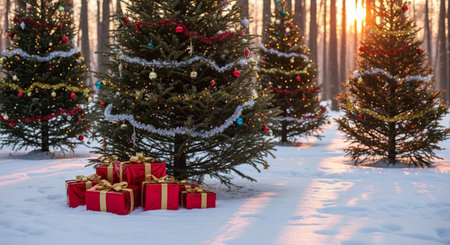 Christmas tree with gifts on the background of the winter forest. Winter landscapeの写真素材