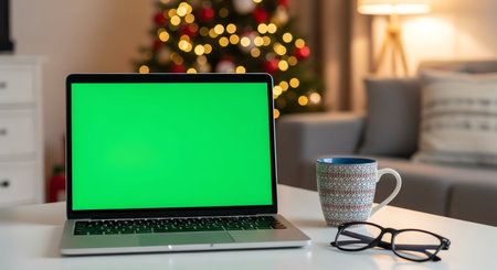 Laptop with green screen on table in living room with Christmas treeの写真素材