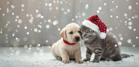 Cute puppy and kitten in santa hat on snow background.の写真素材