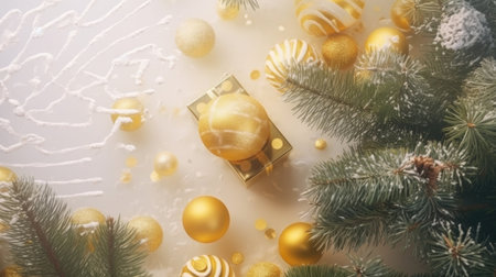 Christmas background with fir branches and golden balls. Top view. Flat lay.の写真素材