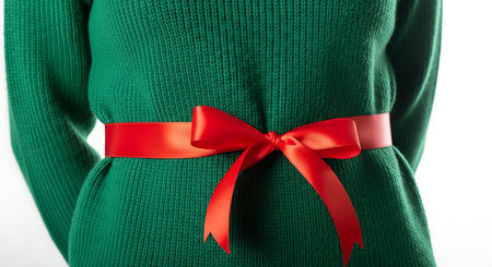 Woman in green sweater with red bow on white background, closeupの写真素材