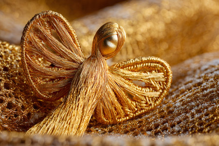 Christmas decoration on a background of golden fabric. Shallow depth of field.の写真素材