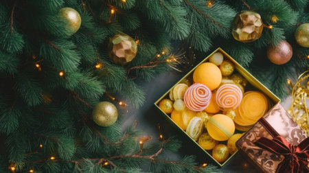 Christmas and New Year background. Gifts, fir branches, colorful candies in a gift box. Flat lay, top viewの写真素材