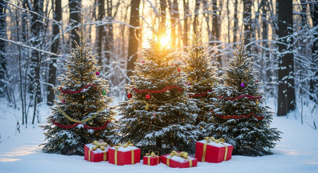 Christmas tree with gifts in the winter forest at sunset. Christmas backgroundの写真素材