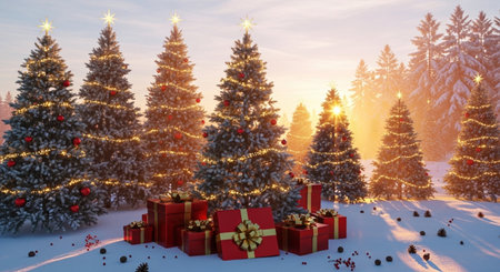3d render of christmas tree with gift boxes in snowy landscapeの写真素材