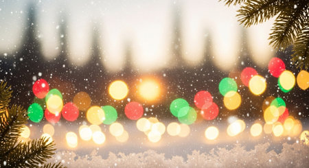 Blurred Christmas background with bokeh defocused lights and snowfallの写真素材