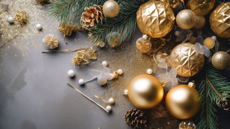 Christmas background with golden decorations and fir tree branches. Top view with copy spaceの写真素材