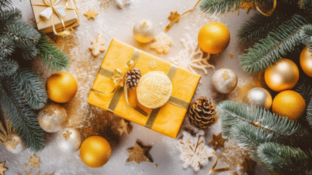 Christmas background. Festive decoration on wooden background. New Year concept. Flat lay, top view, copy space.の写真素材