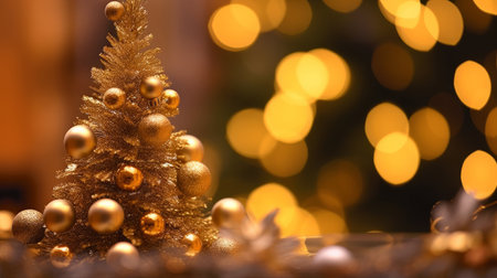 Golden Christmas tree on bokeh background. Festive decoration.の写真素材