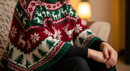 Young woman sitting on sofa at home in the living room, wearing a Christmas sweaterの写真素材