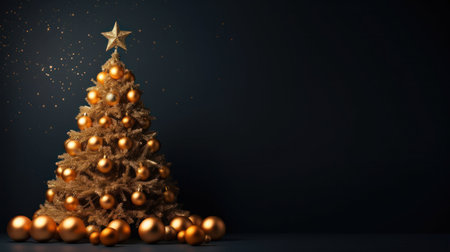 Christmas tree with golden balls on dark background. 3d illustration.の写真素材