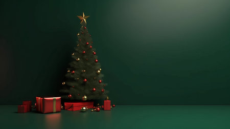 Christmas tree with gift boxes on green background. 3D rendering.の写真素材