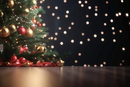 Christmas tree with decorations on wooden table against defocused lights. Space for textの写真素材