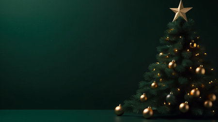 Christmas tree with golden baubles on dark green background. 3D renderingの写真素材