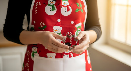 Woman in red apron cutting christmas decoration with scissors in kitchenの写真素材