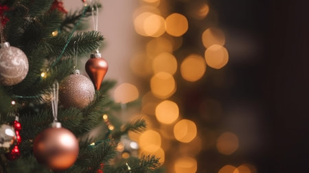 Christmas and New Year background. Decorated Christmas tree with bokeh lightsの写真素材