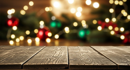 Wooden table in front of blurred christmas background with bokehの写真素材