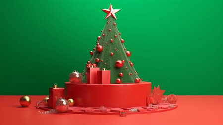 3d render of christmas tree and gift boxes on green backgroundの写真素材