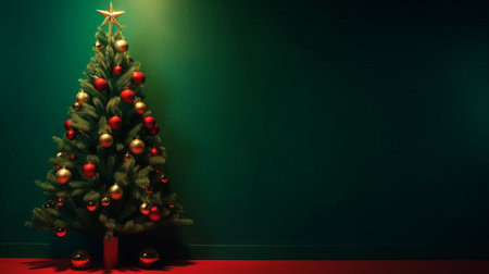 Christmas tree with red baubles on dark green wall background.の写真素材