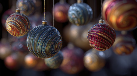 Colorful christmas baubles on dark background. 3D renderingの写真素材
