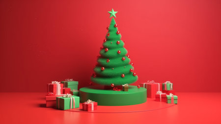3d render of christmas tree and gift boxes on red backgroundの写真素材