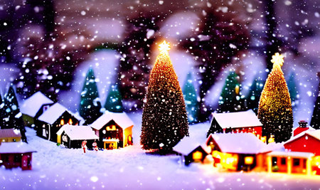 Christmas and New Year holiday background. Festive decoration in the form of a Christmas tree, houses and snowflakes.の写真素材