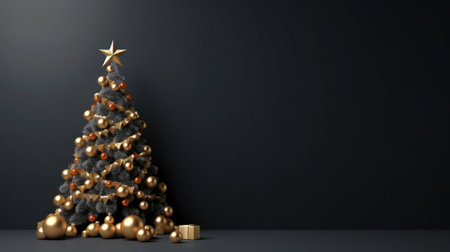 Christmas tree with gold decorations on black background. 3D illustrations.の写真素材