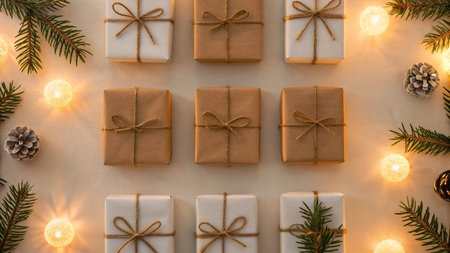 Top view of christmas gift boxes and fir branches on white backgroundの写真素材