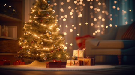 Christmas tree with presents in living room at night. Holiday concept.の写真素材