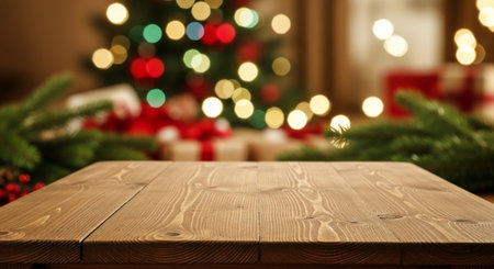 Empty wooden table in front of christmas tree. Ready for product display montageの写真素材
