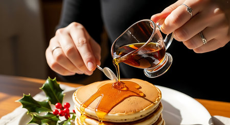 Woman pouring maple syrup from a spoon into a stack of pancakes.の写真素材