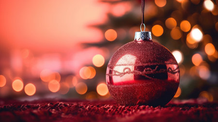 Red christmas ball on bokeh background with Christmas tree.の写真素材