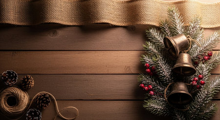 Christmas decoration on wooden background with copy space for your text. Top view.の写真素材