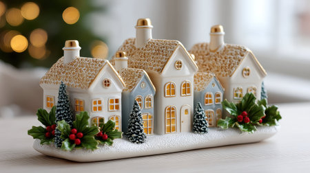 Christmas decoration with toy houses on table, closeup. Festive decorの写真素材