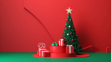 Christmas tree and gift boxes on red background. 3D rendering.の写真素材
