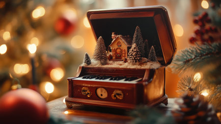 Wooden toy piano and Christmas tree on bokeh background.の写真素材