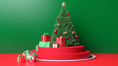 3d rendering of christmas podium with christmas tree and presentsの写真素材